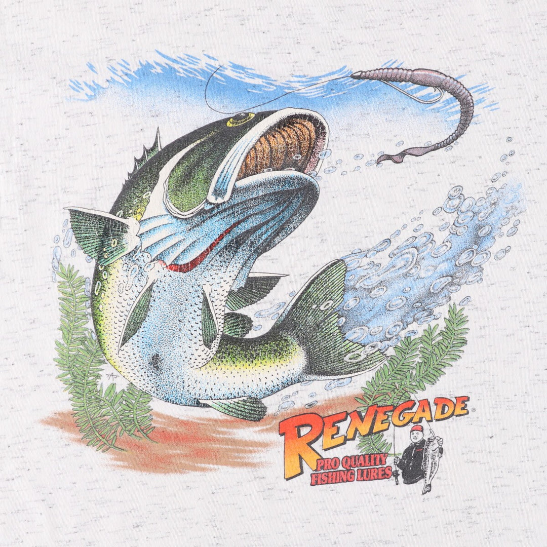 RENEGADE Fish Pattern Animal T-Shirt Made in USA Men's L Size Vintage cotton white type Vintage Second Hand