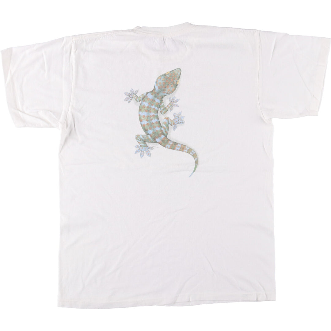 90'S Anvil Gecko Pattern Animal T-shirt Made in USA Men's L Size Vintage cotton white type Vintage Second Hand