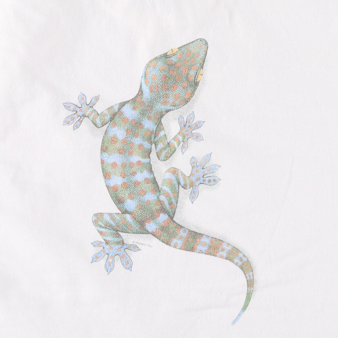 90'S Anvil Gecko Pattern Animal T-shirt Made in USA Men's L Size Vintage cotton white type Vintage Second Hand