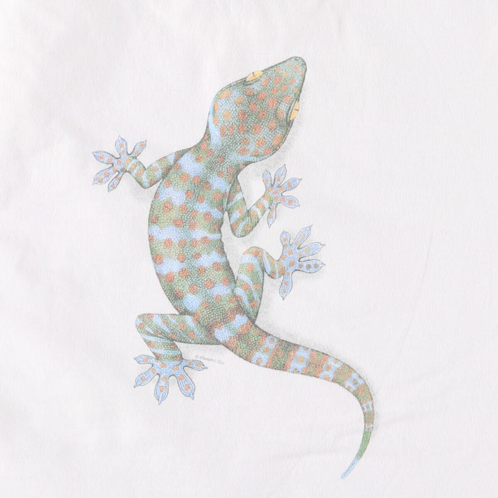 90'S Anvil Gecko Pattern Animal T-shirt Made in USA Men's L Size Vintage cotton white type Vintage Second Hand