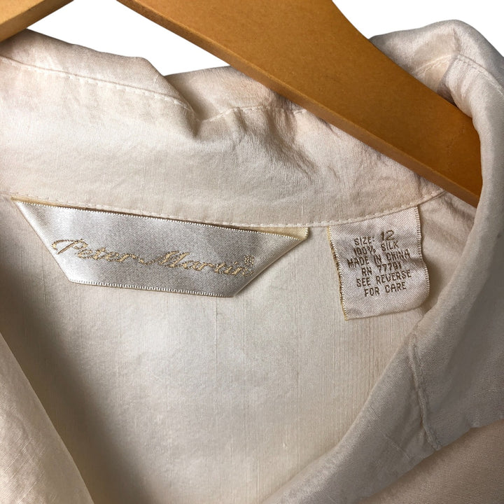 PETER MARTIN Skipper collar long sleeve silk shirt, women's size M silk pale white type Vintage Second Hand