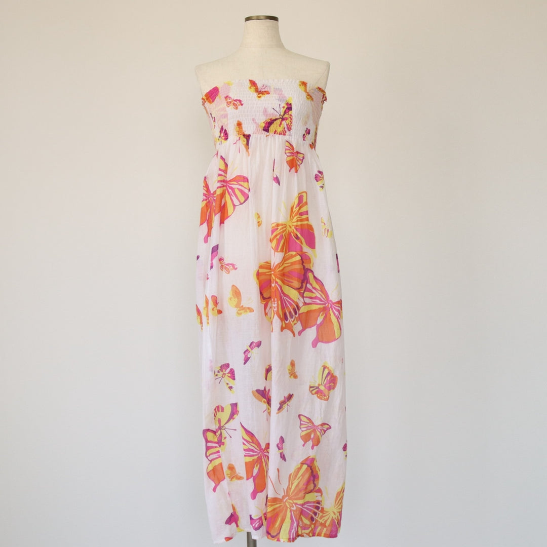 All-over pattern, butterfly pattern, tube top dress, long dress, women's size XS cotton white type Vintage Second Hand