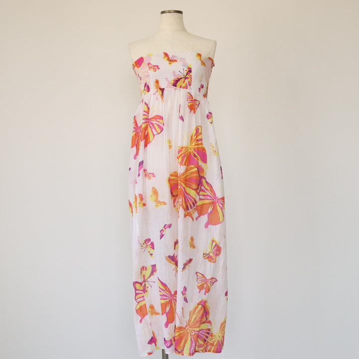 All-over pattern, butterfly pattern, tube top dress, long dress, women's size XS cotton white type Vintage Second Hand