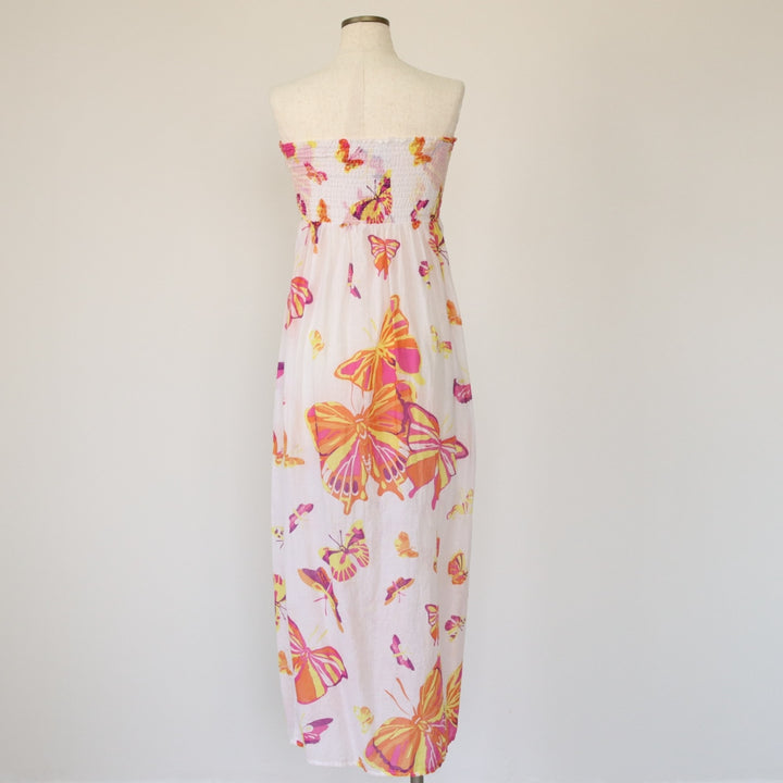 All-over pattern, butterfly pattern, tube top dress, long dress, women's size XS cotton white type Vintage Second Hand