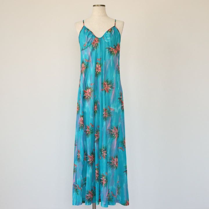 JCPenney all-over print maxi length see-through sleeveless camisole dress, size M Nylon turquoise blue Vintage Second Hand