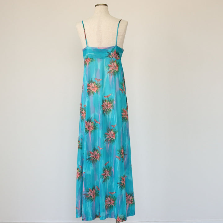 JCPenney all-over print maxi length see-through sleeveless camisole dress, size M Nylon turquoise blue Vintage Second Hand