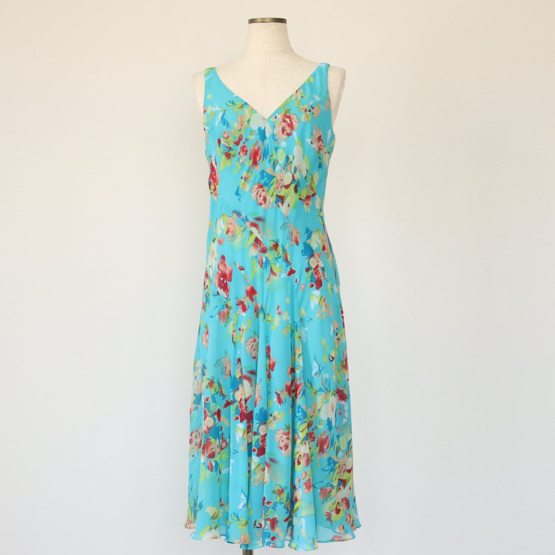 CHAPS Botanical Pattern V-neck Long Sleeveless Flared Dress Women's Size S polyester turquoise blue Vintage Second Hand