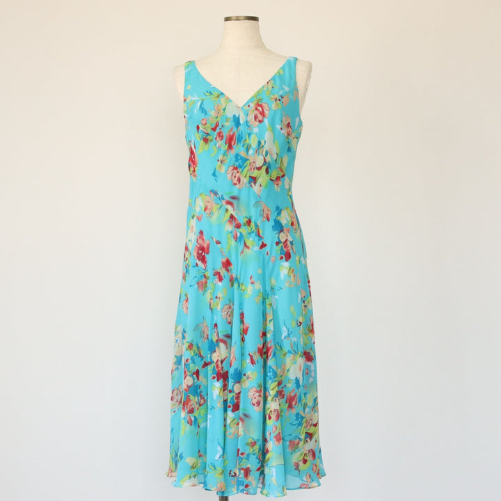 CHAPS Botanical Pattern V-neck Long Sleeveless Flared Dress Women's Size S polyester turquoise blue Vintage Second Hand