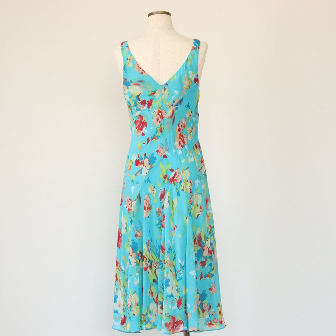CHAPS Botanical Pattern V-neck Long Sleeveless Flared Dress Women's Size S polyester turquoise blue Vintage Second Hand