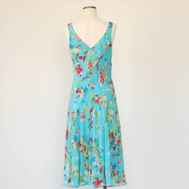 CHAPS Botanical Pattern V-neck Long Sleeveless Flared Dress Women's Size S polyester turquoise blue Vintage Second Hand