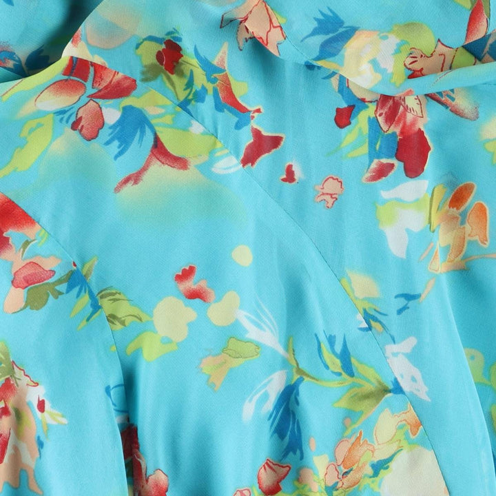 CHAPS Botanical Pattern V-neck Long Sleeveless Flared Dress Women's Size S polyester turquoise blue Vintage Second Hand