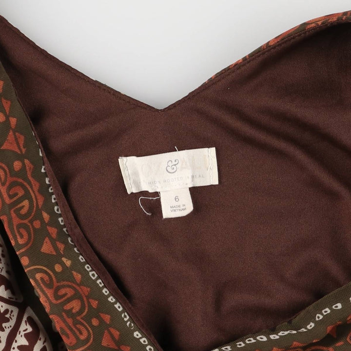 ROZ ALI All-over ethnic pattern tiered V-neck maxi length sleeveless dress for women, size S polyester brown type Vintage Second Hand