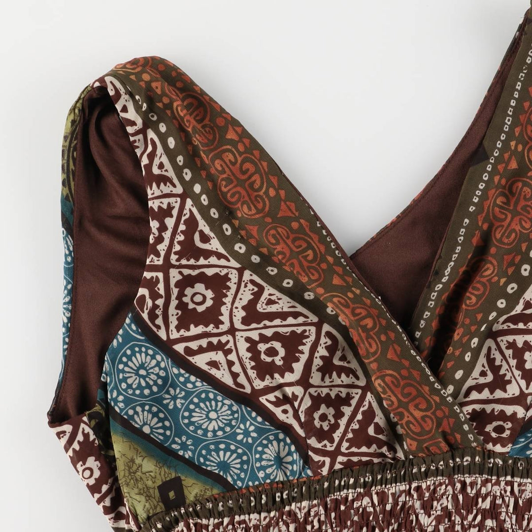 ROZ ALI All-over ethnic pattern tiered V-neck maxi length sleeveless dress for women, size S polyester brown type Vintage Second Hand