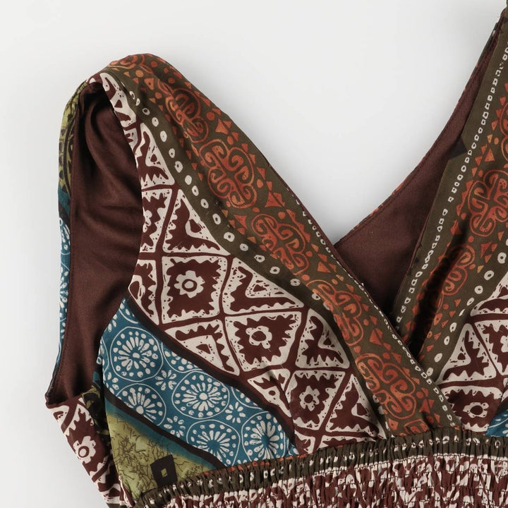 ROZ ALI All-over ethnic pattern tiered V-neck maxi length sleeveless dress for women, size S polyester brown type Vintage Second Hand