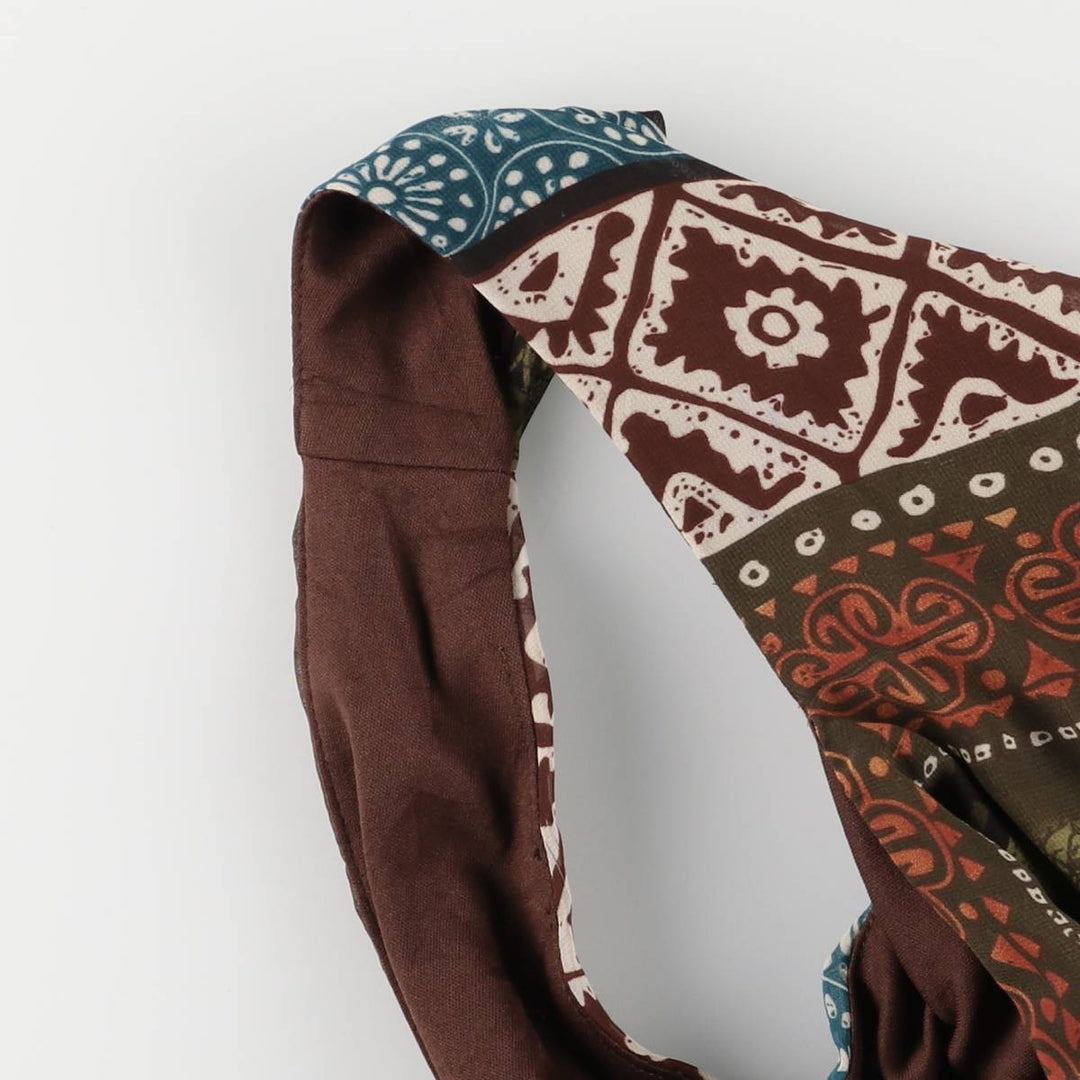 ROZ ALI All-over ethnic pattern tiered V-neck maxi length sleeveless dress for women, size S polyester brown type Vintage Second Hand