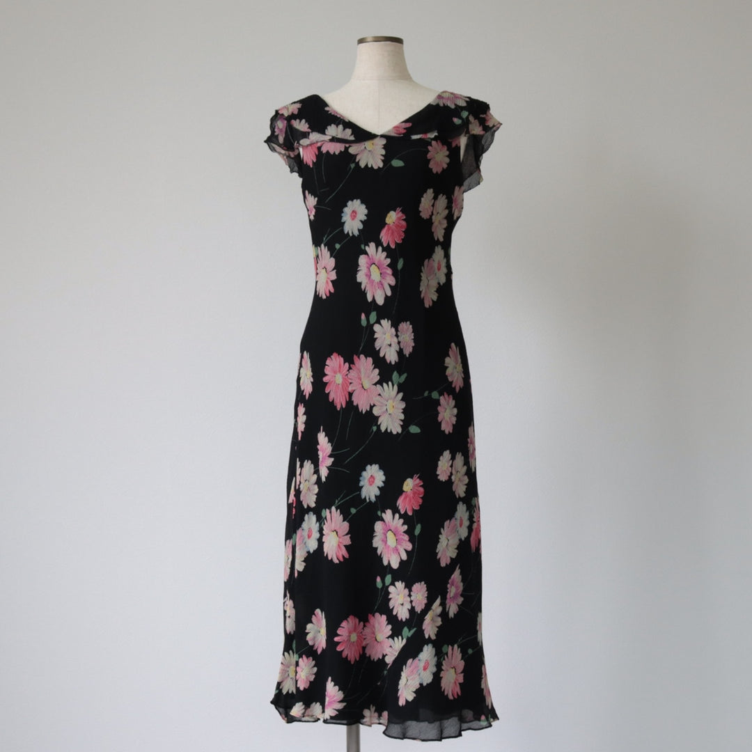 Ralph Lauren Floral Sailor Collar Long Sleeveless Crepe A-line Dress Women's S Size silk black type Vintage Second Hand
