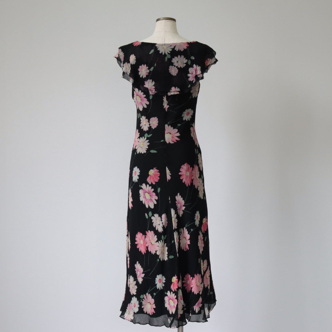 Ralph Lauren Floral Sailor Collar Long Sleeveless Crepe A-line Dress Women's S Size silk black type Vintage Second Hand