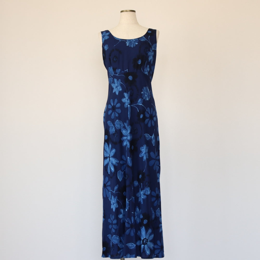 BYER STUDIO Floral Lace-up Maxi Sleeveless A-line Dress Made in USA Women's Size L Rayon navy blue type Vintage Second Hand