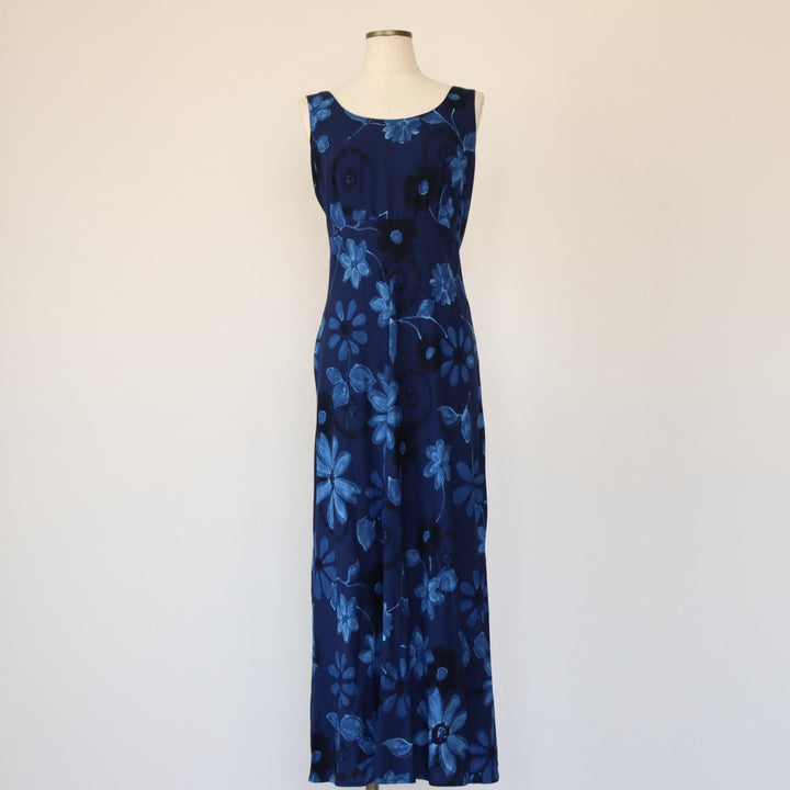 BYER STUDIO Floral Lace-up Maxi Sleeveless A-line Dress Made in USA Women's Size L Rayon navy blue type Vintage Second Hand