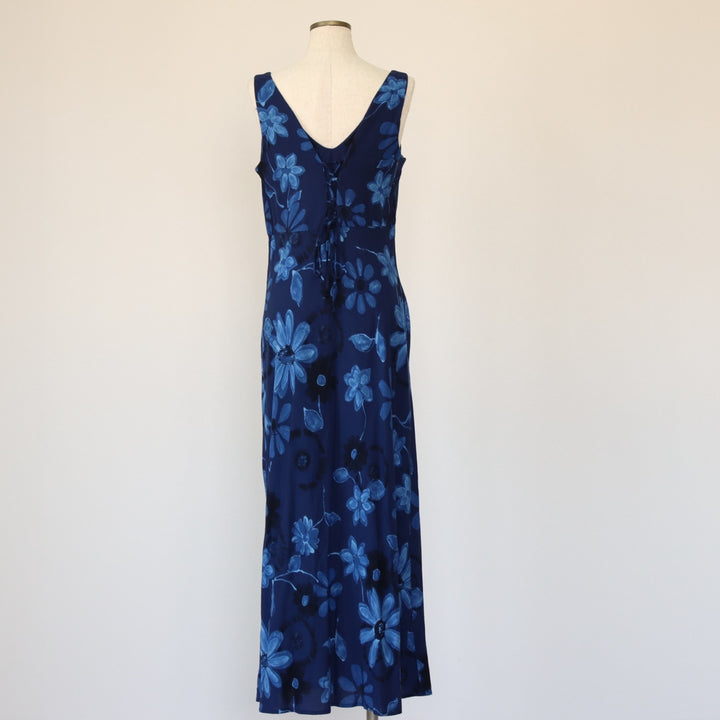 BYER STUDIO Floral Lace-up Maxi Sleeveless A-line Dress Made in USA Women's Size L Rayon navy blue type Vintage Second Hand