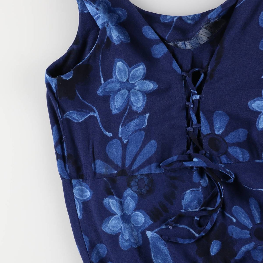 BYER STUDIO Floral Lace-up Maxi Sleeveless A-line Dress Made in USA Women's Size L Rayon navy blue type Vintage Second Hand