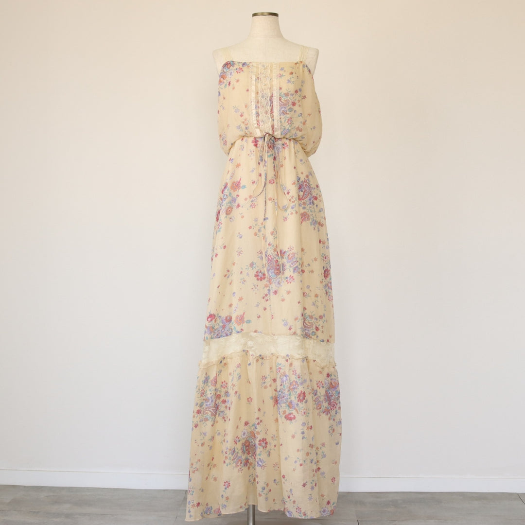 All-over floral print maxi length lace camisole dress for women size S unclear ivory Vintage Second Hand