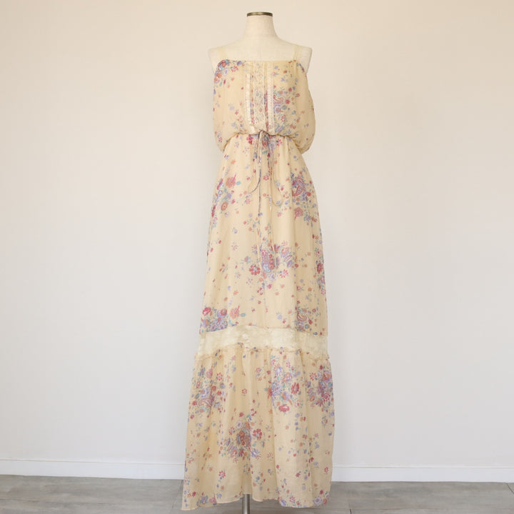 All-over floral print maxi length lace camisole dress for women size S unclear ivory Vintage Second Hand