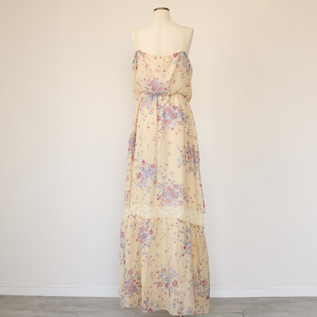 All-over floral print maxi length lace camisole dress for women size S unclear ivory Vintage Second Hand