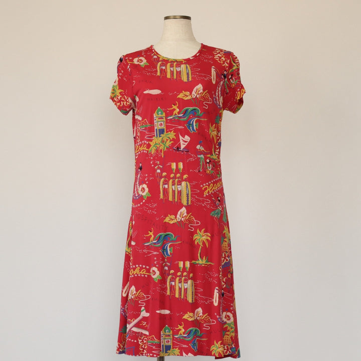 Ralph Lauren POLO RALPH LAUREN All-over print short sleeve mid-calf flare dress for women, size M Viscose red type Vintage Second Hand