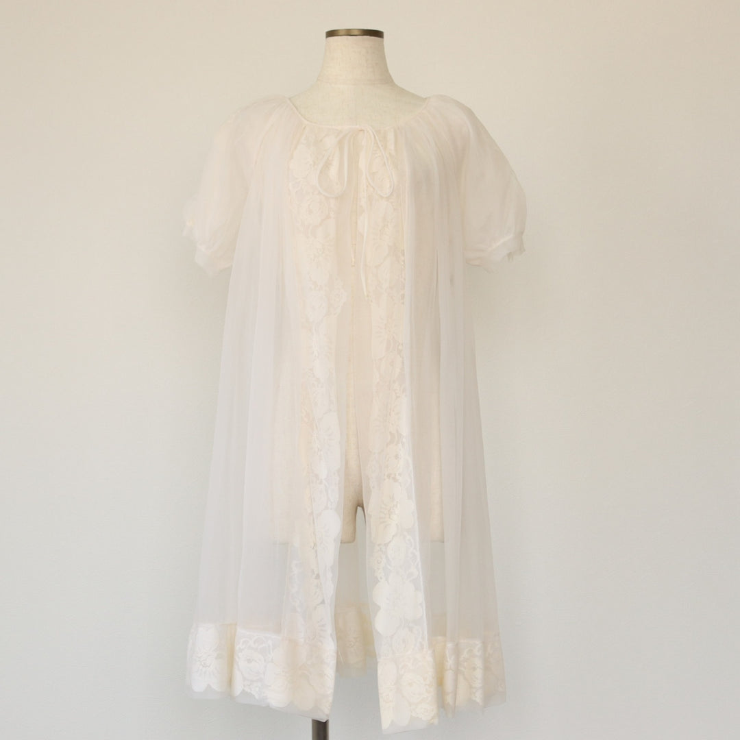 Vintage 1960'S Miss Elaine puff sleeve, half-length, see-through lingerie gown, women's size XL unclear pale white type Vintage Second Hand