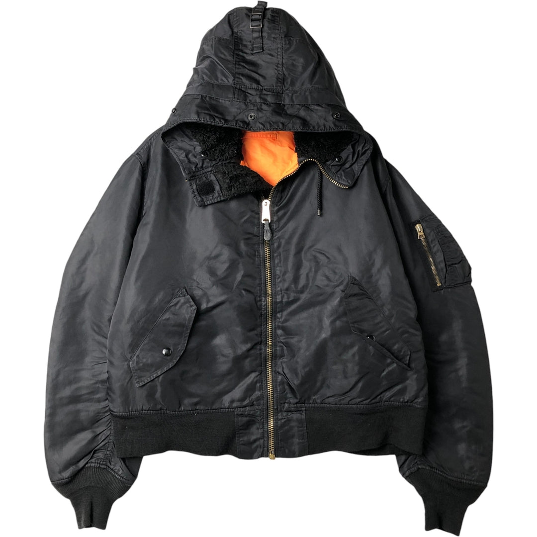 Alpha MA-1 style padded hooded military flight jacket, made in the USA, men's size L. Nylon black type Vintage Second Hand