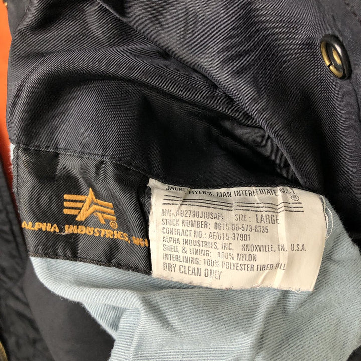 Alpha MA-1 style padded hooded military flight jacket, made in the USA, men's size L. Nylon black type Vintage Second Hand