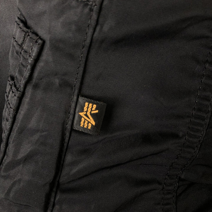 Alpha MA-1 style padded hooded military flight jacket, made in the USA, men's size L. Nylon black type Vintage Second Hand