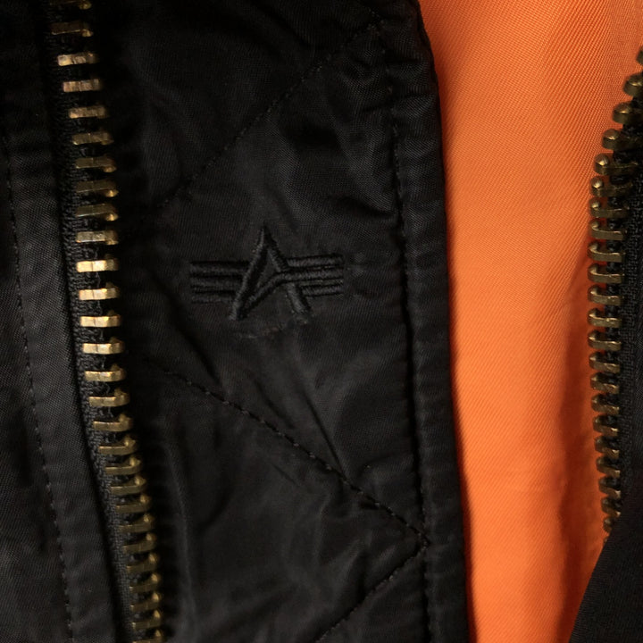 Alpha MA-1 style padded hooded military flight jacket, made in the USA, men's size L. Nylon black type Vintage Second Hand