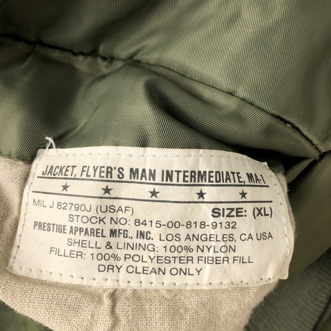 Civilian PRESTIGE APPAREL MFG MA-1 Style Padded Military Flight Jacket, Men's Size XL, Vintage Nylon Khaki type Vintage Second Hand