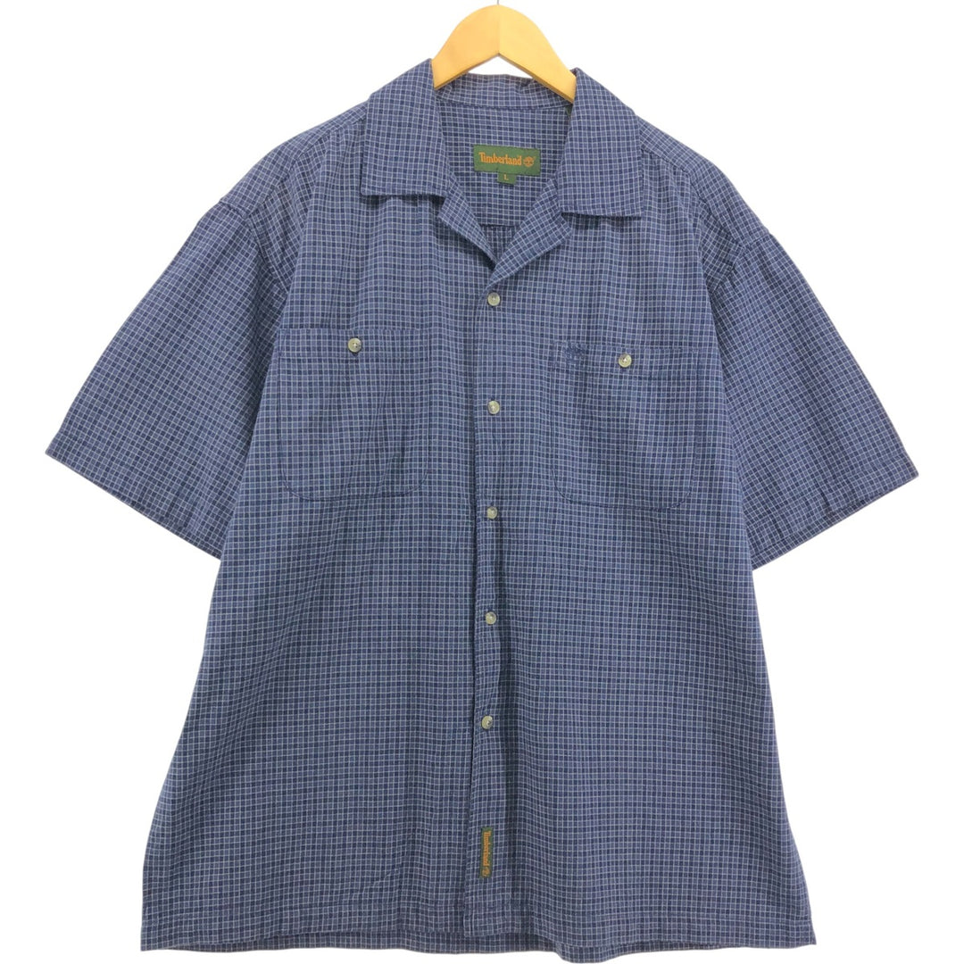 90s~00'S Timberland Check Pattern Short Sleeve Open Collar Cotton Shirt Box Shirt Men's L Size Vintage cotton navy blue type Vintage Second Hand