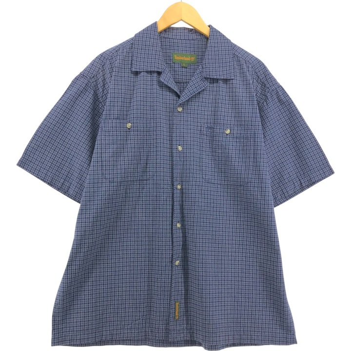 90s~00'S Timberland Check Pattern Short Sleeve Open Collar Cotton Shirt Box Shirt Men's L Size Vintage cotton navy blue type Vintage Second Hand