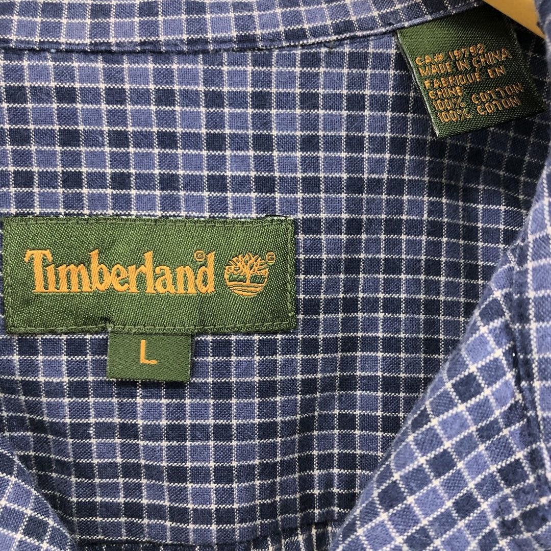 90s~00'S Timberland Check Pattern Short Sleeve Open Collar Cotton Shirt Box Shirt Men's L Size Vintage cotton navy blue type Vintage Second Hand