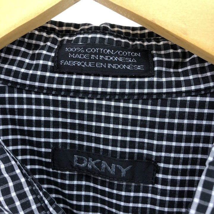 DKNY short sleeve cotton check shirt, box shirt, men's XL size cotton black type Vintage Second Hand