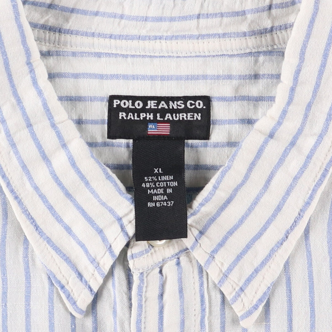 Ralph Lauren RALPH LAUREN JEANS CO. Stripe Pattern Short Sleeve Cotton x Linen Shirt Men's XL linen white type Vintage Second Hand