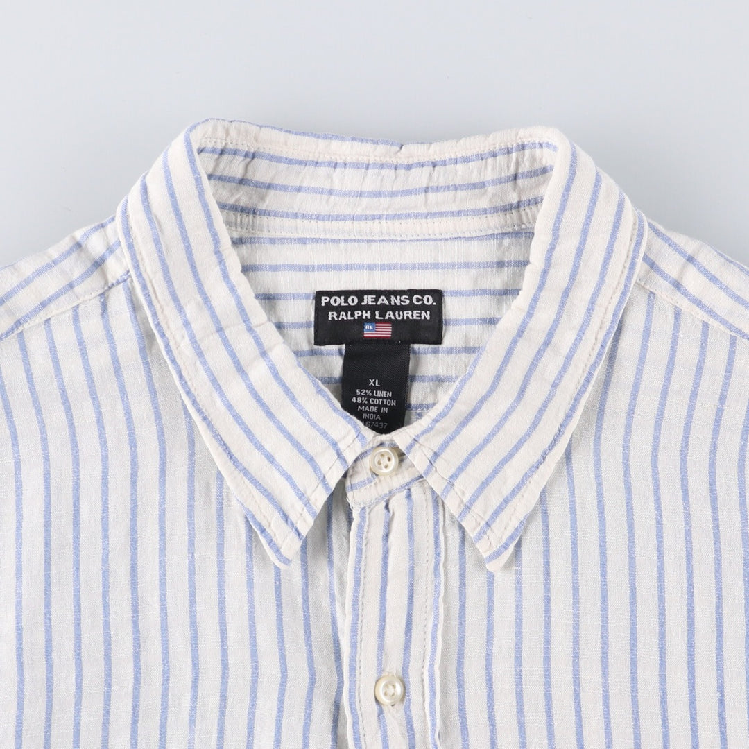 Ralph Lauren RALPH LAUREN JEANS CO. Stripe Pattern Short Sleeve Cotton x Linen Shirt Men's XL linen white type Vintage Second Hand