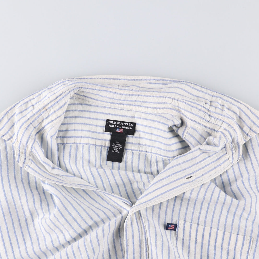 Ralph Lauren RALPH LAUREN JEANS CO. Stripe Pattern Short Sleeve Cotton x Linen Shirt Men's XL linen white type Vintage Second Hand