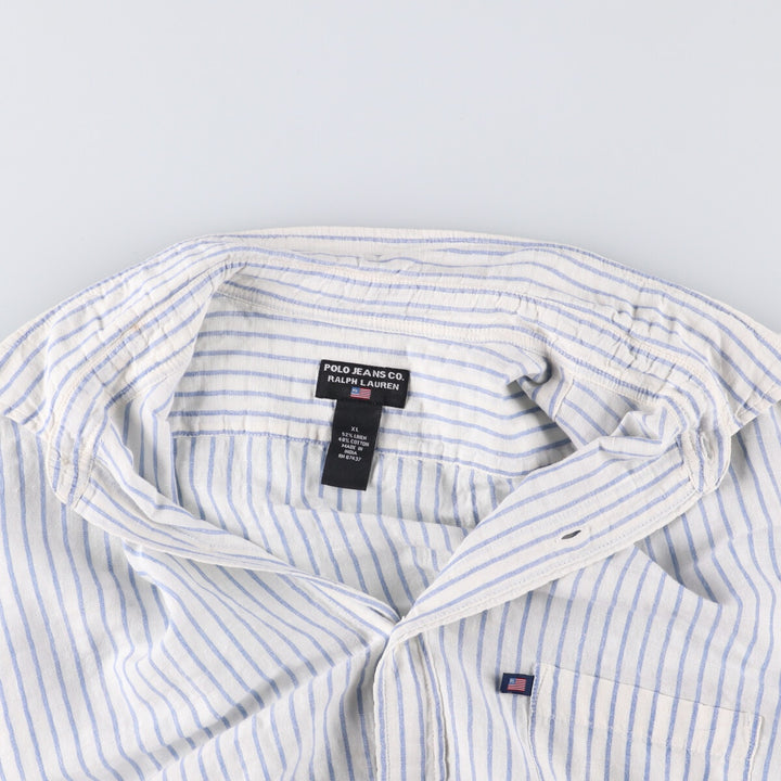 Ralph Lauren RALPH LAUREN JEANS CO. Stripe Pattern Short Sleeve Cotton x Linen Shirt Men's XL linen white type Vintage Second Hand