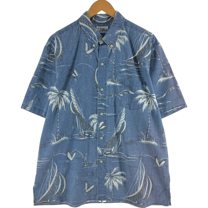90'S Reyn Spooner Swimsuit Tag All-Over Leaf Pattern Button-Down Aloha Shirt Box Shirt Men's XL Vintage cotton Navy blue Vintage Second Hand