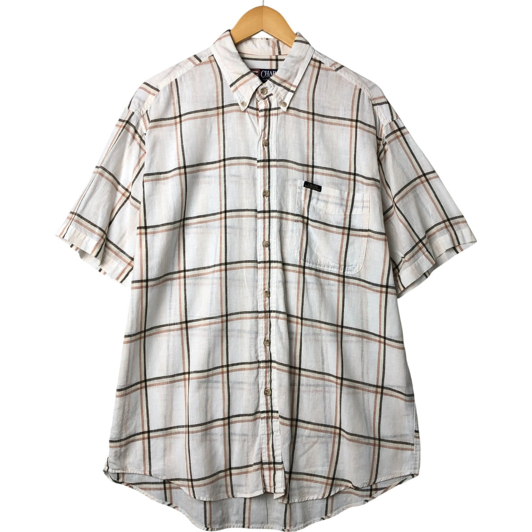 Ralph Lauren CHAPS Check Pattern Short Sleeve Cotton x Linen Button Down Shirt Men's Size L cotton ivory Vintage Second Hand
