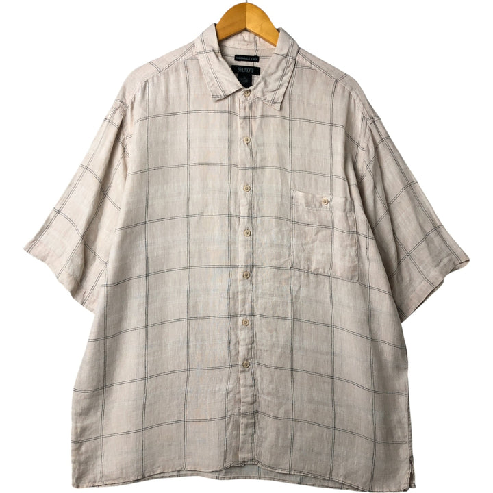 BRUNO Check Pattern Wide Collar Short Sleeve Linen Shirt Box Shirt Men's XL Size linen Beige type Vintage Second Hand