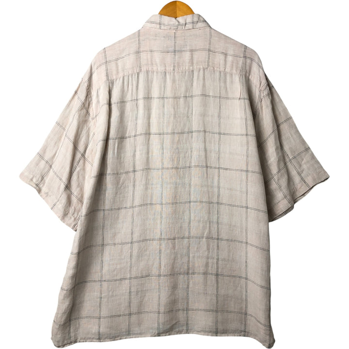 BRUNO Check Pattern Wide Collar Short Sleeve Linen Shirt Box Shirt Men's XL Size linen Beige type Vintage Second Hand