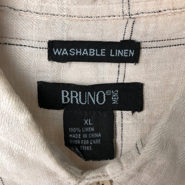 BRUNO Check Pattern Wide Collar Short Sleeve Linen Shirt Box Shirt Men's XL Size linen Beige type Vintage Second Hand