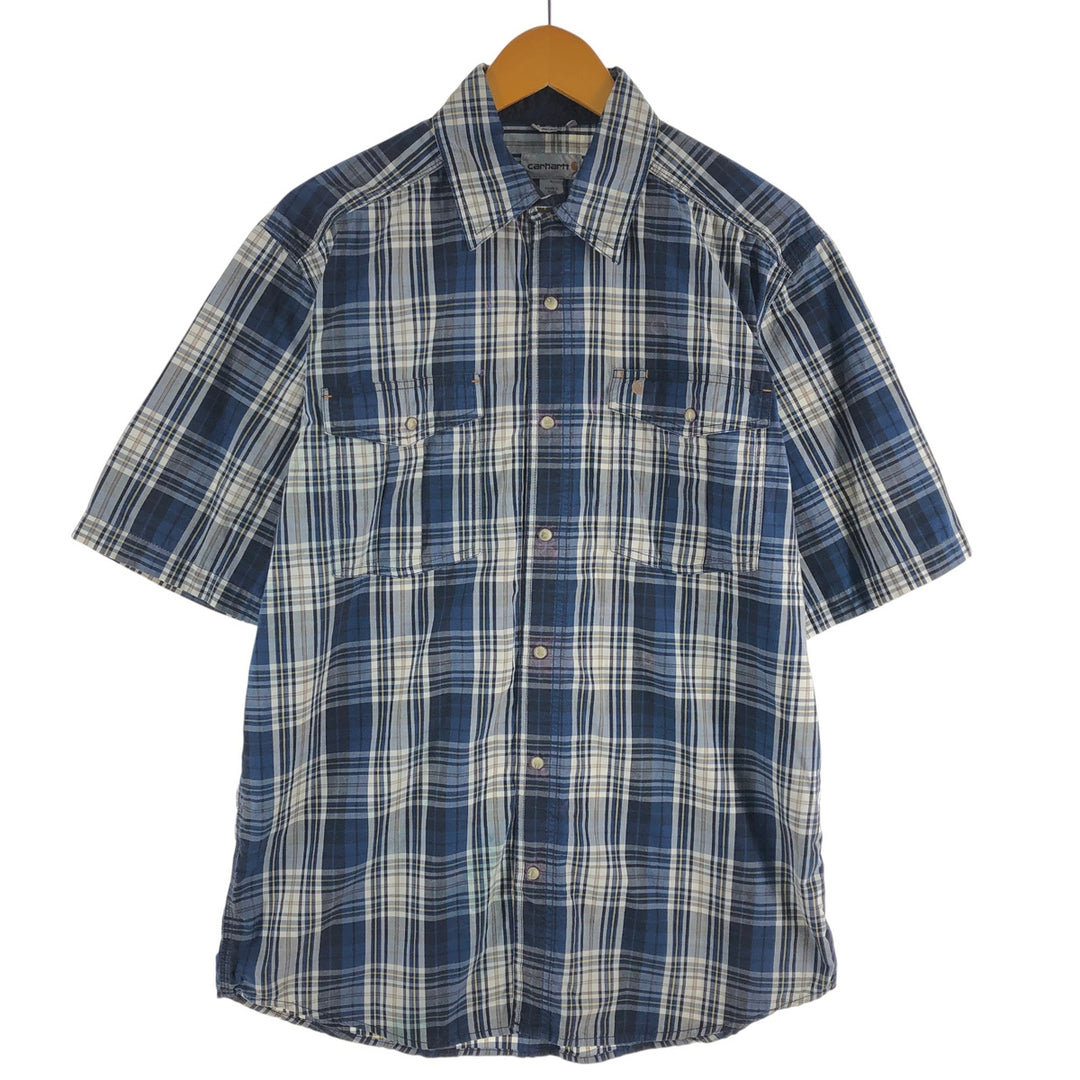 Carhartt RELAXED FIT Check Pattern Short Sleeve Work Shirt, Men's L size cotton navy blue type Vintage Second Hand