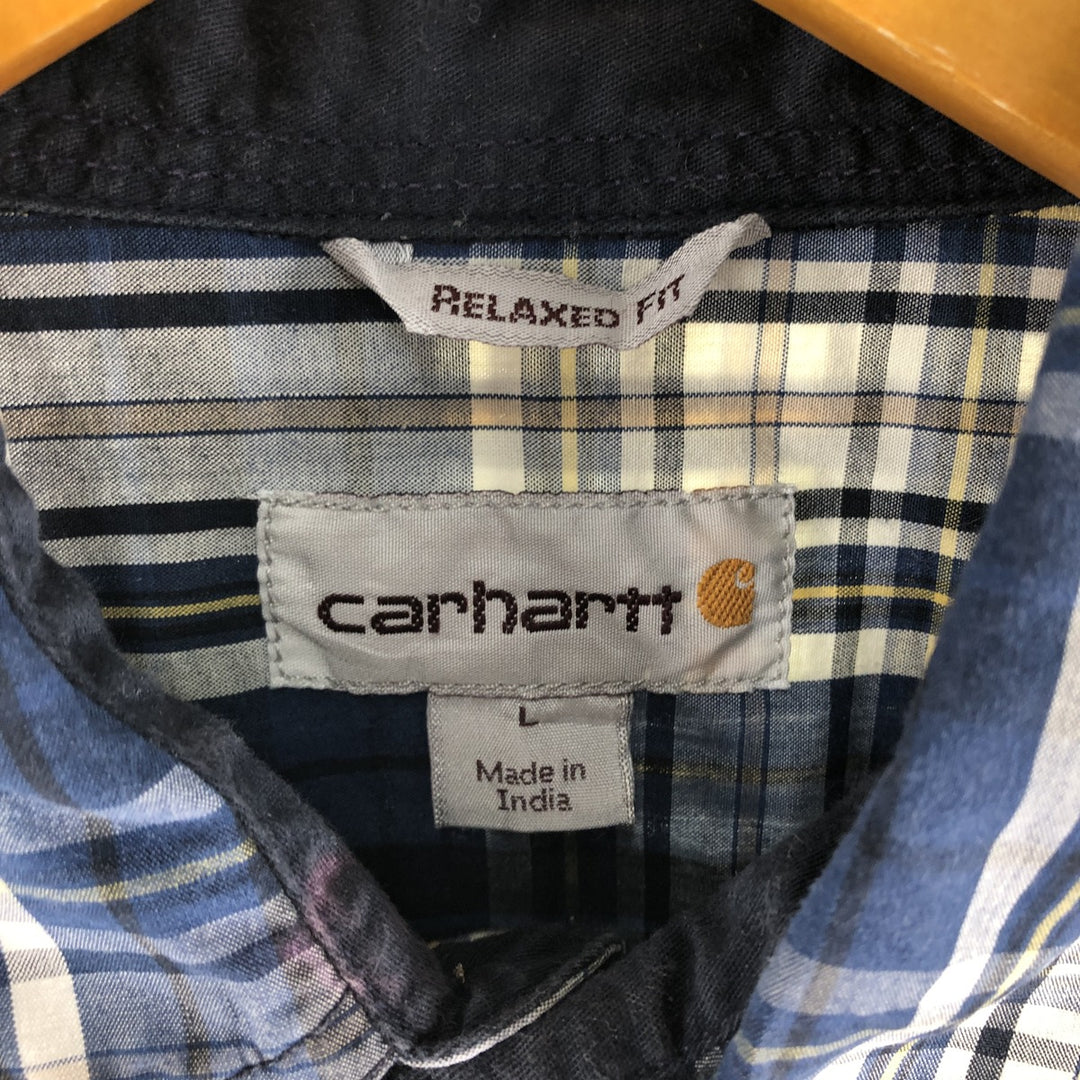 Carhartt RELAXED FIT Check Pattern Short Sleeve Work Shirt, Men's L size cotton navy blue type Vintage Second Hand